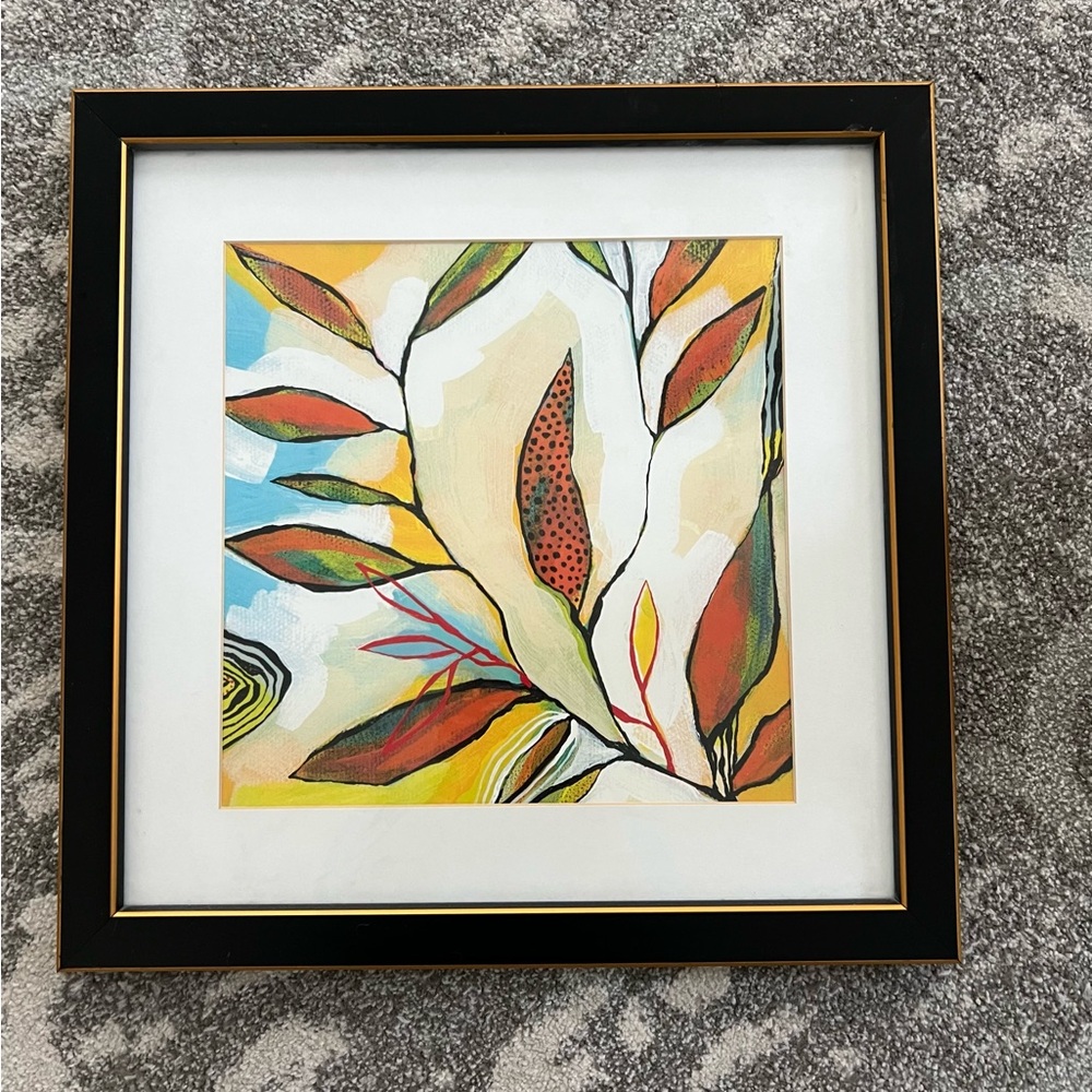 Floral/Leaf Print in a Square Black Frame w Gold Boarder